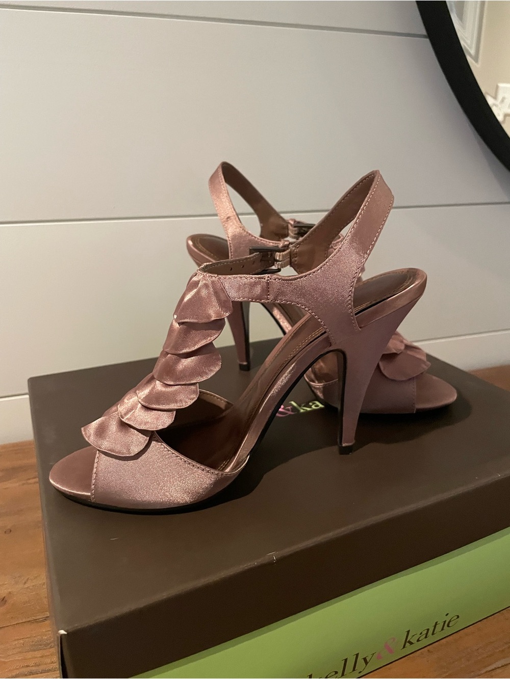 Like New Kelly & Katie Pink Satin Ruffle T-Strap Heels